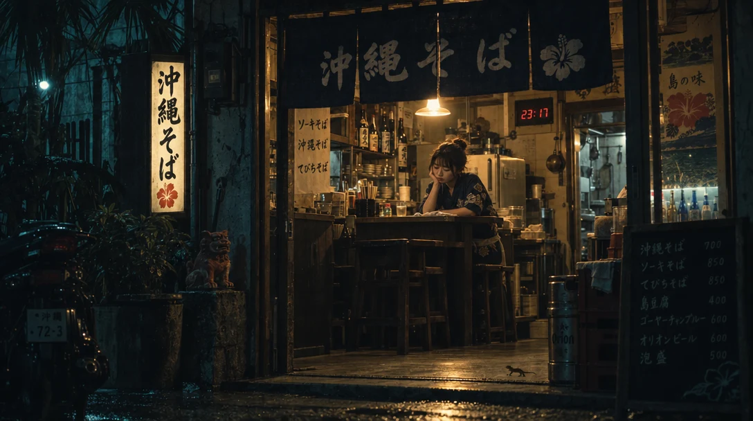 A woman resting at the counter of a late-night Okinawa eatery