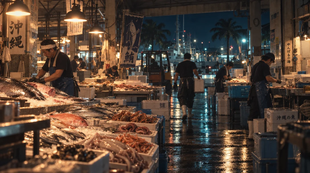 Okinawa fish market opening beside the harbour, warm lights reflected on the floor