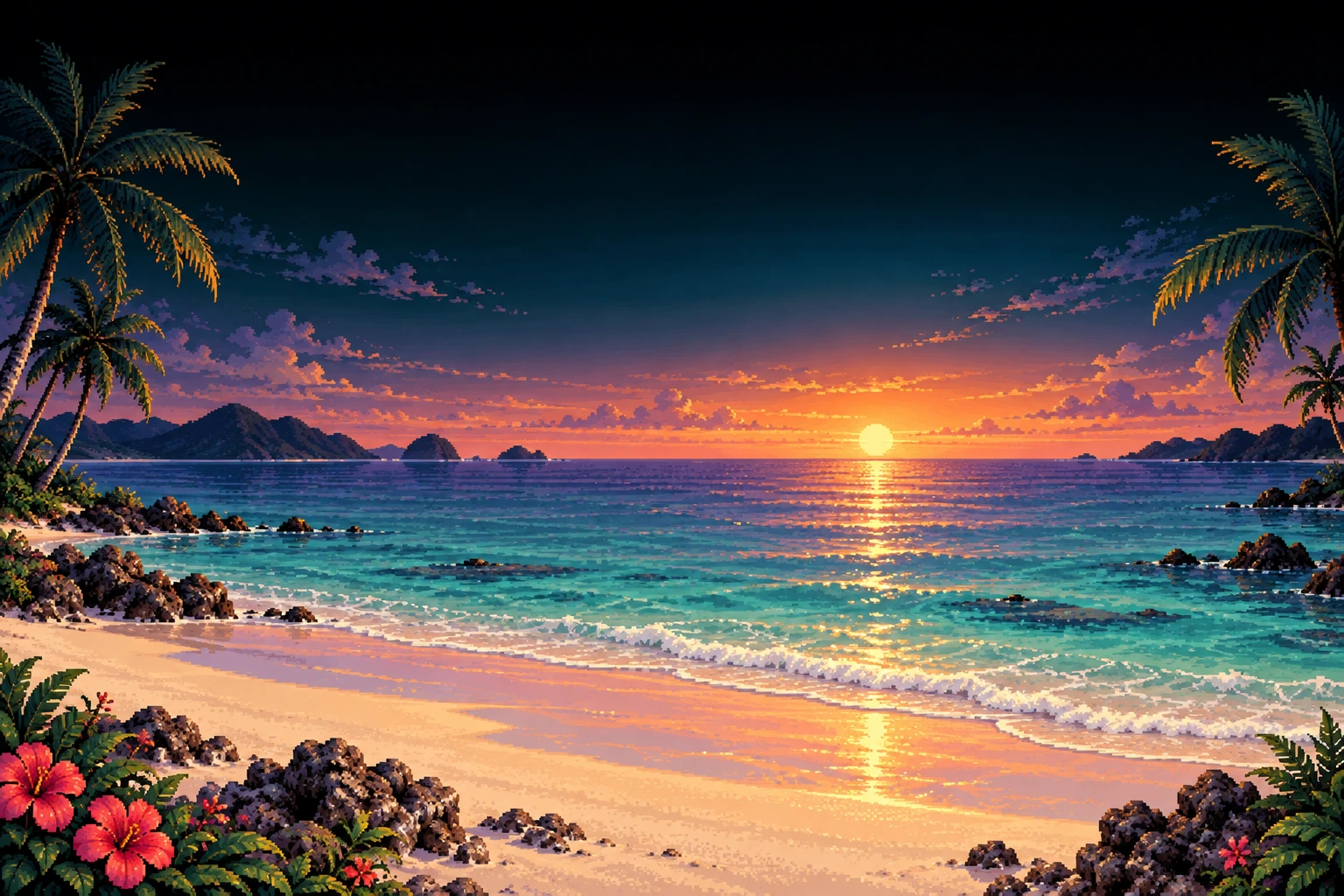 Pixel-art Okinawa sunset beach with turquoise sea and palms