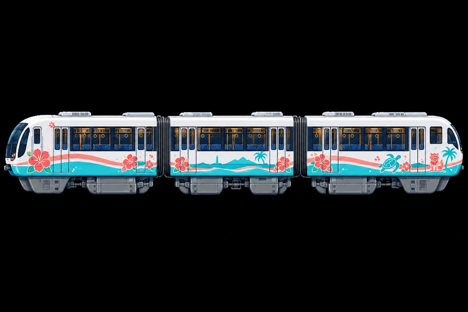 Straight white island monorail decorated with colourful hibiscus and turquoise waves