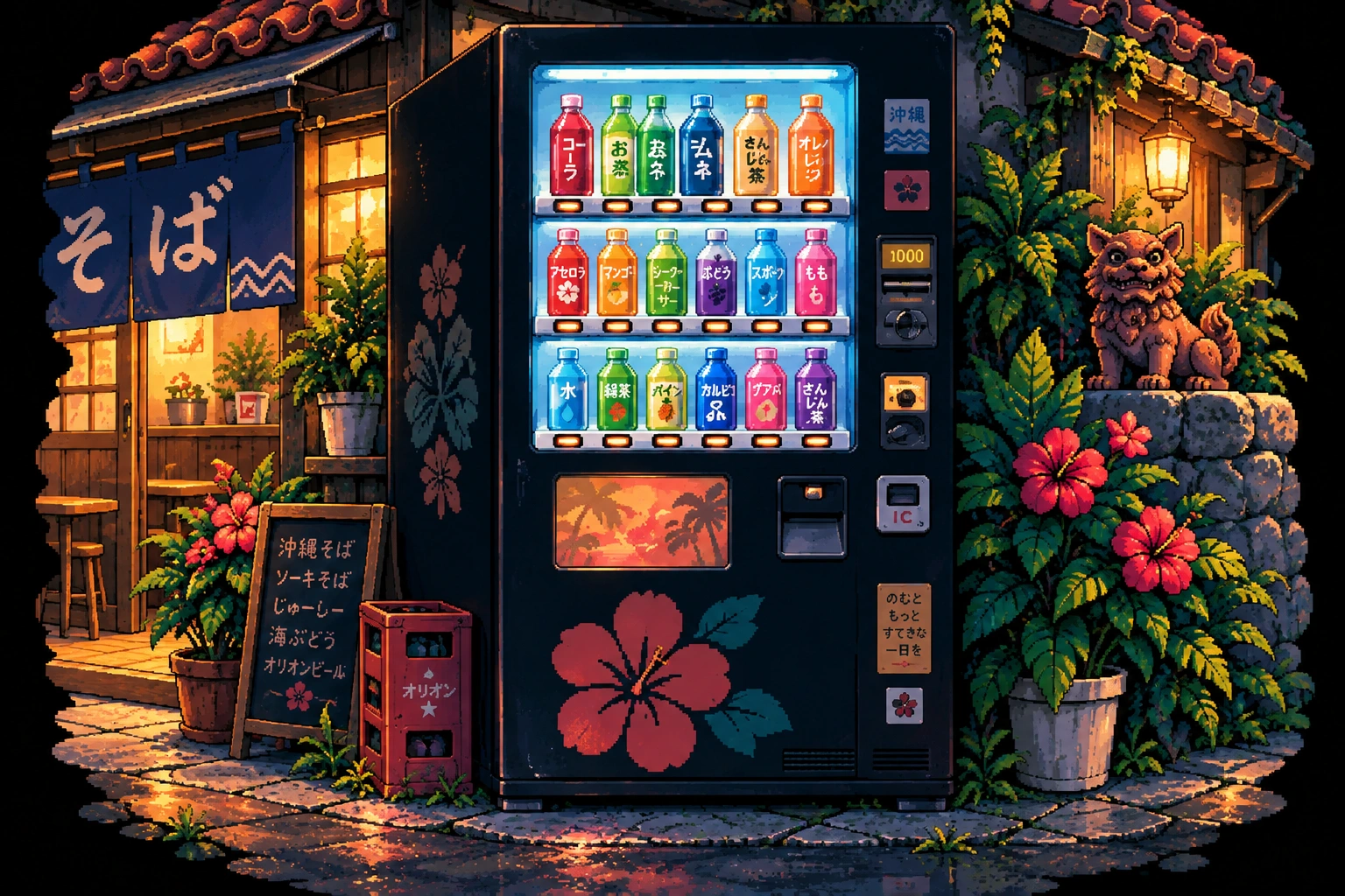 Close-up pixel-art black vending machine with colourful bottles, a small soba shop and Okinawan shisa