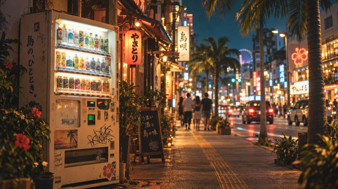 Warm lanterns and palms on an Okinawa street at night